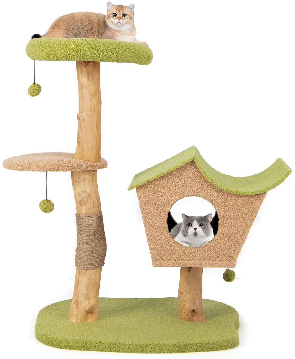 COSTWAY Krabpaal van hout, 110 cm, kattenboom met zitvlak, kattenhuis en bal, kattentoren met krabpalen van jute, massief hout, kattenkrabpaal klimboom, katten, groen