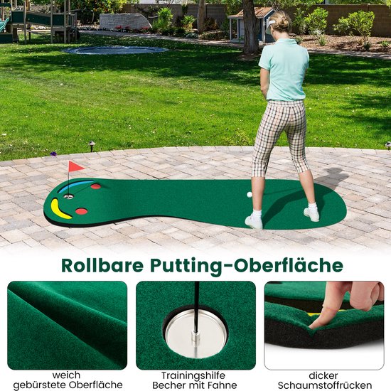 COSTWAY 300 x 96 cm golfputtingmat, golfmat voor binnen en buiten, opvouwbare golfoefenmat met 3 putting cups en 1 vlag, putting green golf trainingsmat voor thuis, kantoor, erf van Merkloos — afbeelding 2