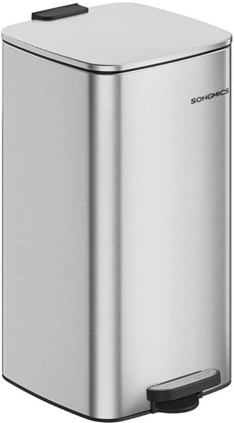 SONGMICS Keukenbak, 2 x 8 gallon (2 x 30 L) dubbele vuilnisbak voor afval en recycling, met softclose deksels, uitneembare binnenemmers, pedalen, roestvrij staal, metallic zilver LTB743E01