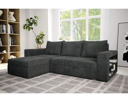 Hoekbank Alexandra met slaapfunctie en opbergruimte- corduroy ribstof grijs- hoeksalon met bed en opbergruimte- universele lounge- zetelsenbedden