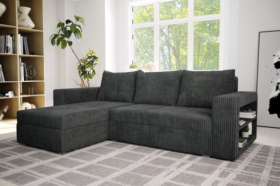 Hoekbank Alexandra met slaapfunctie en opbergruimte- corduroy ribstof grijs- hoeksalon met bed en opbergruimte- universele lounge- zetelsenbedden
