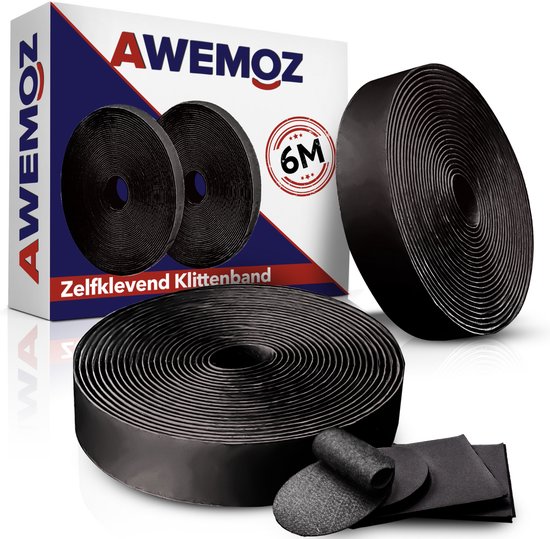 AWEMOZ Klittenband Zelfklevend - 2x6 Meter Lang - Velcro Zwart - Extra Sterk