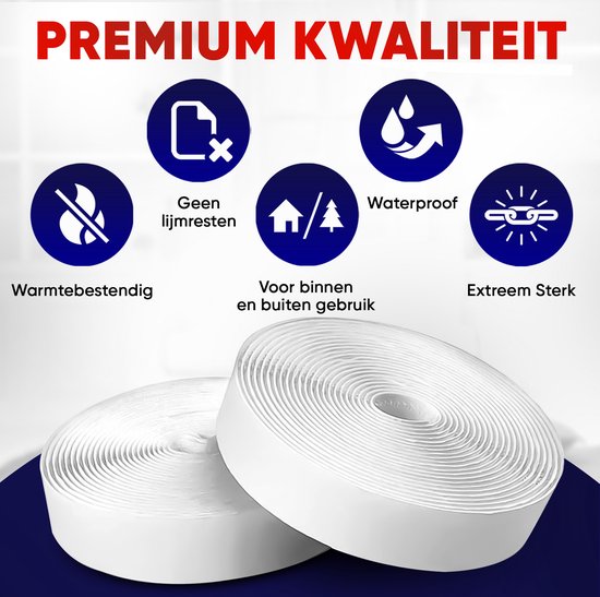 Iconen tonen: warmtebestendig, geen lijmresten, voor binnen en buiten, waterdicht, extreem sterk. Met twee witte rollen klittenband.