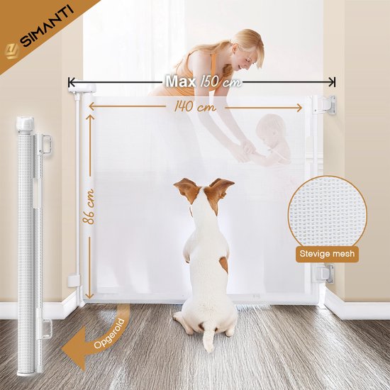 Wit oprolbaar hekje, 86 cm hoog, 140 cm breed, geschikt tot 150 cm. Baby en hond afgebeeld.
