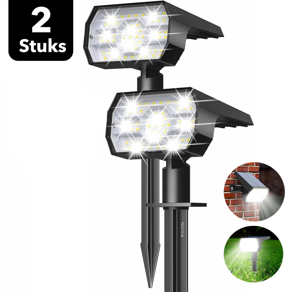 Vicon Solar Tuinverlichting op Zonne energie - 2-Pack - 12 uur Gebruikstijd - Buitenlamp - Wandlamp - Tuinlamp - Tuinfakkels - Lantaarn voor buiten