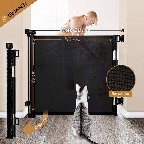 Een zwart oprolbaar hekje met een kat, een vrouw die de hoogte controleert, en afmetingen 140cm en 86cm.