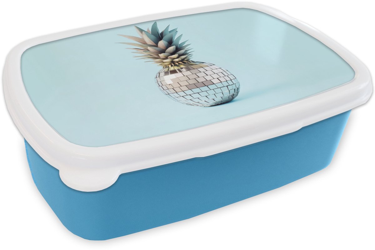 Broodtrommel Blauw - Lunchbox Blauw - Ananas - Disco - Discobal - Brooddoos 18x12x6 cm - Brood lunch box - Broodtrommels voor kinderen en volwassenen