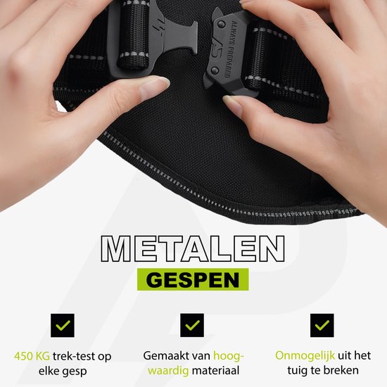 Zwarte hondentuig met metalen gespen, 450kg trek-test, hoogwaardig materiaal.