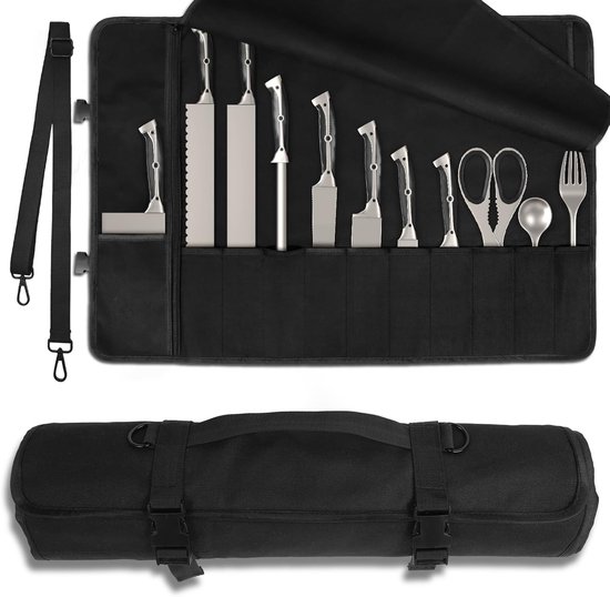 Angus Stoke Messertasche Leder für Köche | Kochmesserrolle groß | Messer Tasche für Kochmesser mit extra Fach & Reißverschluss | Kochtasche Sören (Mahagoni