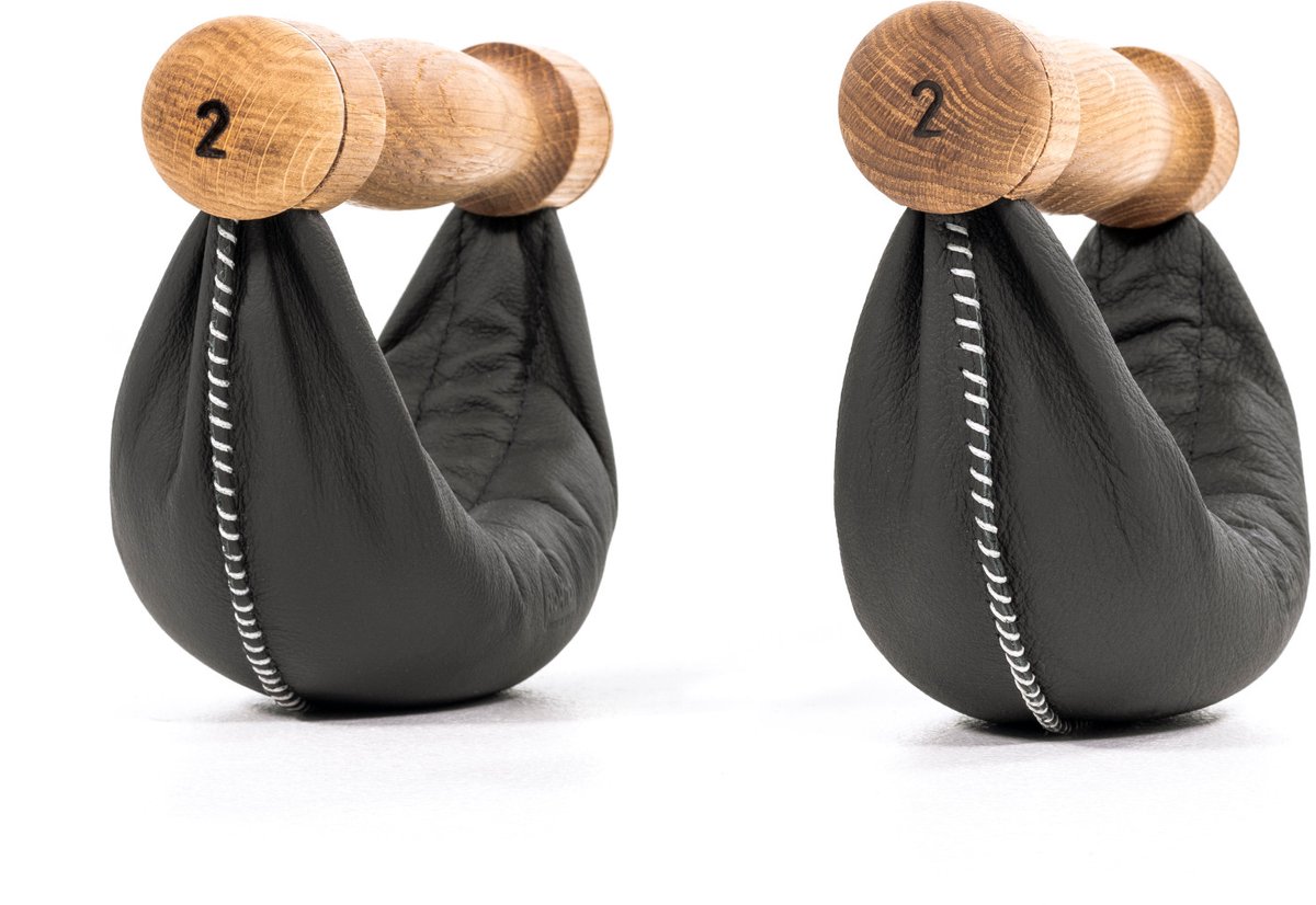 NOHRD Swing Dumbbells Eiken 4kg zwart – Design Hantels met Natuurleer en Eikenhout voor Dynamische Krachttraining