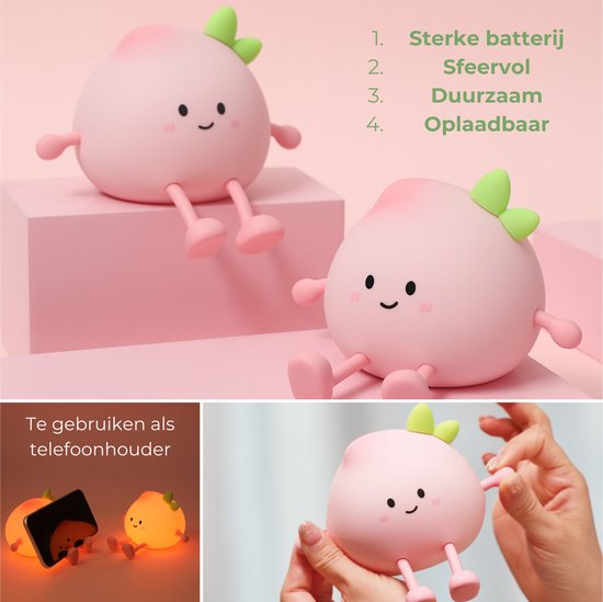 Kinder Nachtlampje - Perzik - Veilig voor Kinderen - Nachtlampje Baby - Zacht Siliconen - Dimbaar - Telefoonhouder - Draadloos - Babykamer Verlichting - RGB Kleuren - USB Oplaadbaar - LED - Slaaphulp - Duurzaam - Bedlampje - Kindvriendelijk - Fruit van Dooky — afbeelding 4