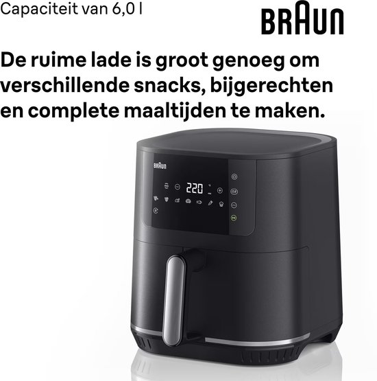 Zwarte Braun heteluchtfriteuse met digitale display en een inhoud van 6 liter.