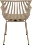 Beige tuinstoel, achterkant zichtbaar, met een zitting en een rugleuning van verticale ribbels en slanke metalen poten.