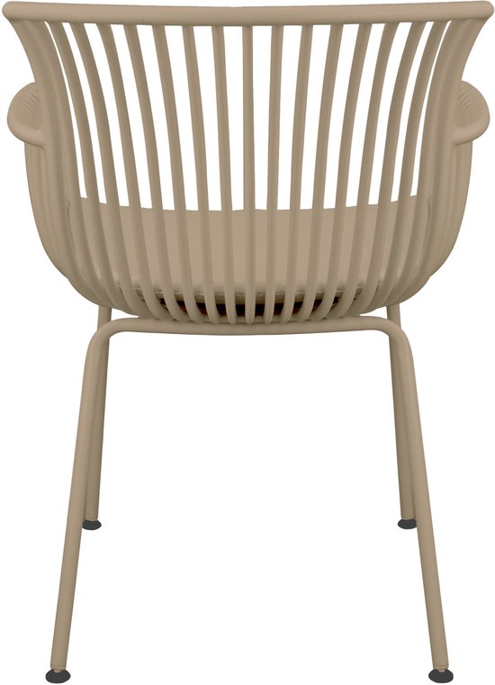 Beige tuinstoel, achterkant zichtbaar, met een zitting en een rugleuning van verticale ribbels en slanke metalen poten.