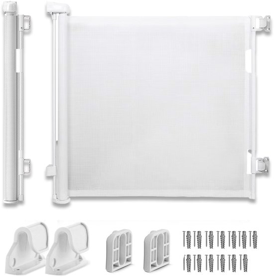 SIMANTI Oprolbaar traphekje wit 110cm - Veiligheidshekje voor Baby - Kinderhekje - 100cm - Hondenhek - Instelbare Traprek - voor baby's en honden - Luxe Mesh