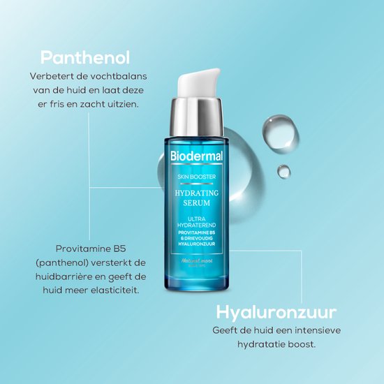 Biodermal Skin Booster Hydrating Serum flesje, met uitleg over Panthenol, Provitamine B5 en Hyaluronzuur.