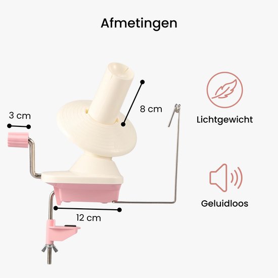 Afmetingen van de witte en roze garenmolen met klem, met tekst 'lichtgewicht' en 'geluidloos'.