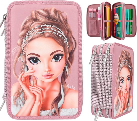 Depesche 12583 TOPModel Cosy - Filled 3-compartment pencil case, model motif with teddy fur, pencil case with colored pencils, ruler, scissors etc