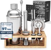 Shaker à Set avec bois + Boek de recettes : Kit de 13 pièces en acier inoxydable de Premium supérieure. | Prof Cocktail Shaker + Bar Accessoires de vêtements pour bébé Martini Gin-Tonic Mojito Long Drinks Fête Anniversaire, Cadeau Homme Femme