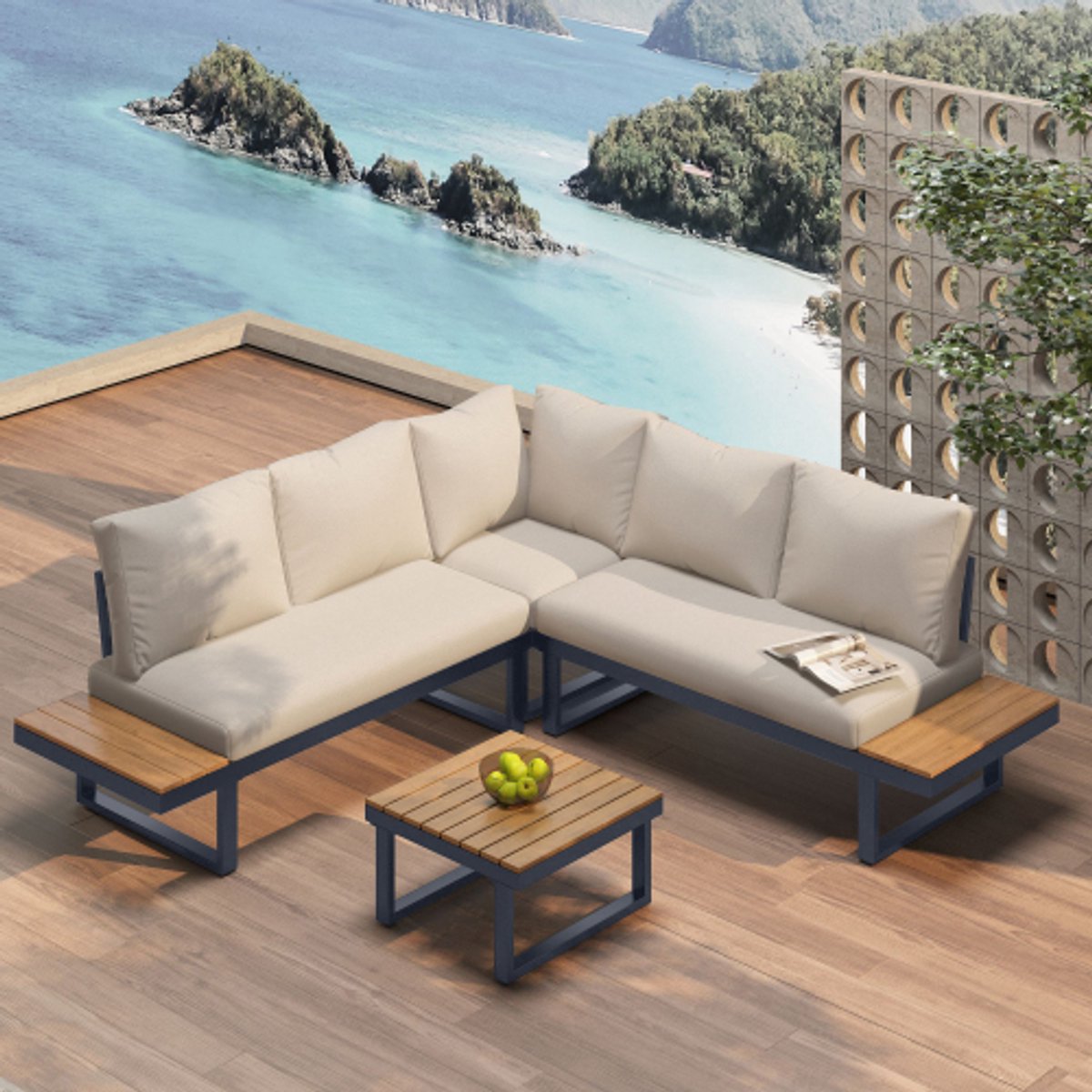 Tuinset, hoekpositie met verstelbare hoekligfunctie (5 standen verstelbaar)gegalvaniseerde stalen buis, kunststof blad met teakhouten nerf, met salontafel, beige + grijs Tuinset, hoekpositie met verstelbare hoekligfunctie (5 standen verstelbaar)gegalvaniseerde stalen buis, kunststof blad met teakhouten nerf, met salontafel, beige + grijs - Afbeelding 1
