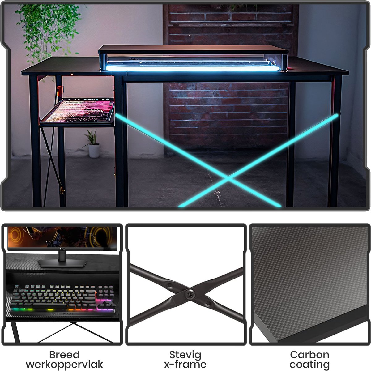 Bayt Game Bureau - Gaming Bureau - Gaming desk - Game Bureau met LED - Bureau met Opbergruimte - Computertafel - Monitor Standaard - Zwart