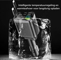Zwarte DISEV autolader met digitaal display en twee USB-C kabels, ondergedompeld in ijs.