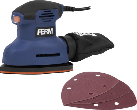 Blauwe FERM detail schuurmachine met zwarte grip en stofzak, naast een stapel schuurvellen.