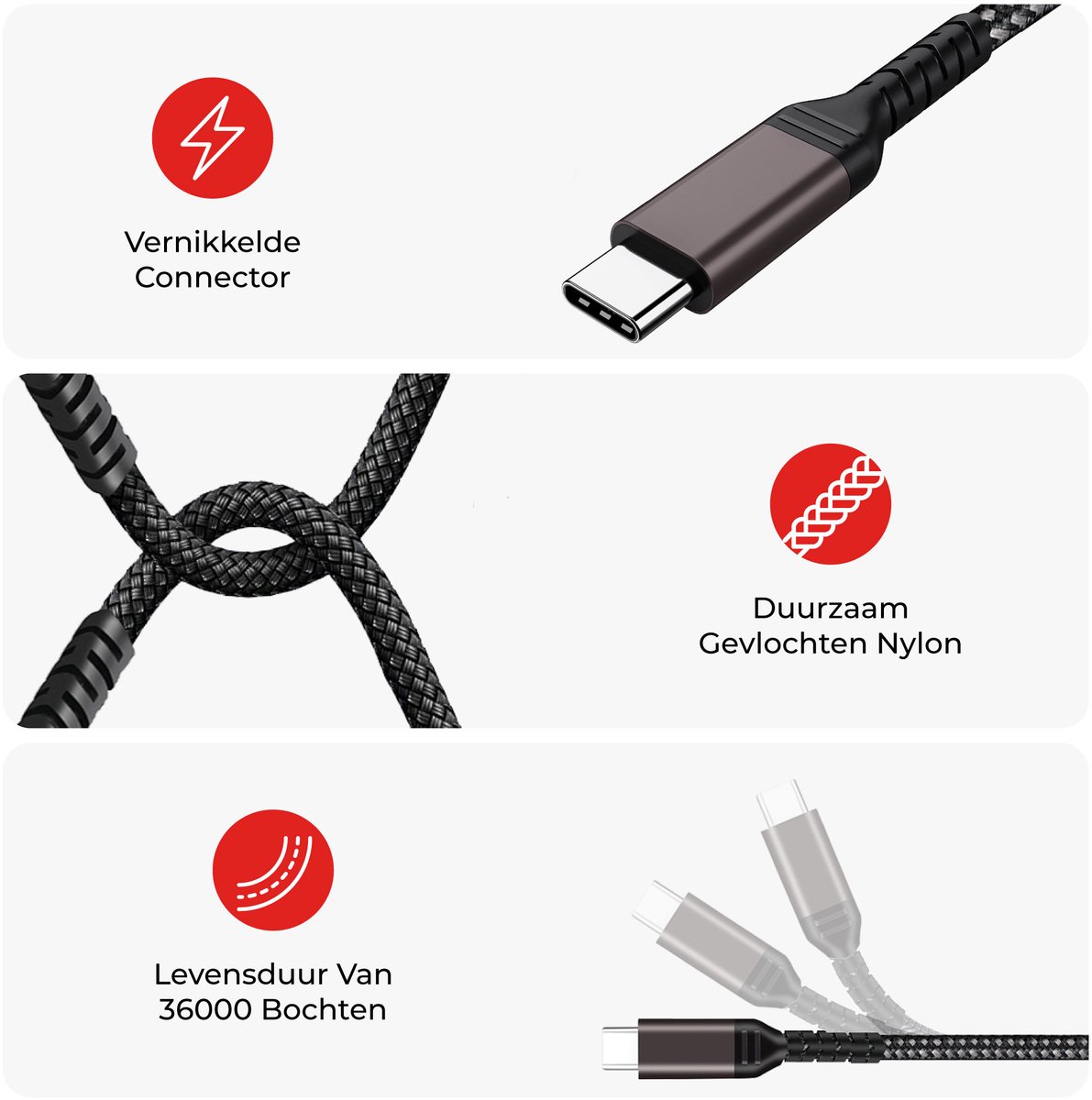 ELCOSTAR USB-C naar USB-C Kabel 1m – 100W Snelladen, 20Gbps Data, Nylon Gevlochten, MacBook iPhone iPad Samsung Laptop - Afbeelding 4
