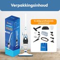 Inhoud verpakking: witte stoomreiniger met blauwe accenten, 16-delige accessoireset en blauwe boodschappentas. Doos met "ALL PURPOSE STEAM MOP & CLEANER 1500 W" opdruk.