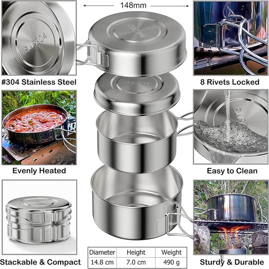 Camping kookgerei set Camping kookpot met pan, Outdoor kookgerei picknickpot, Ultralicht camping pot-pan set, Camping servies set voor bushcraft. van Odoland — afbeelding 2