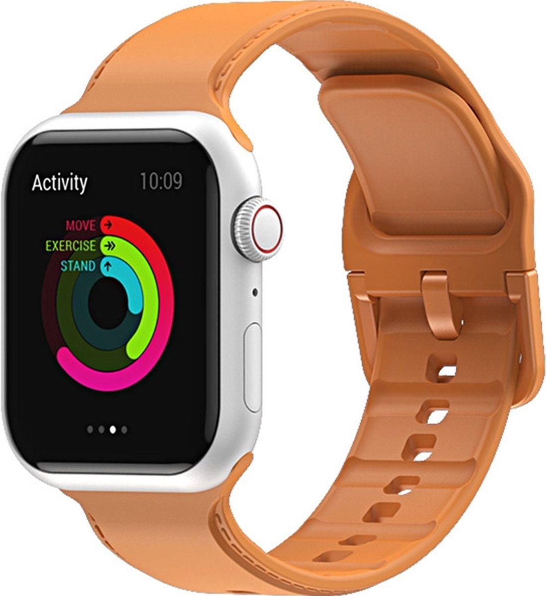 Mobigear Siliconen Watch bandje geschikt voor Apple Watch Bandje Gespsluiting | Mobigear Dashed - 49/46/45/44 mm - Cognac
