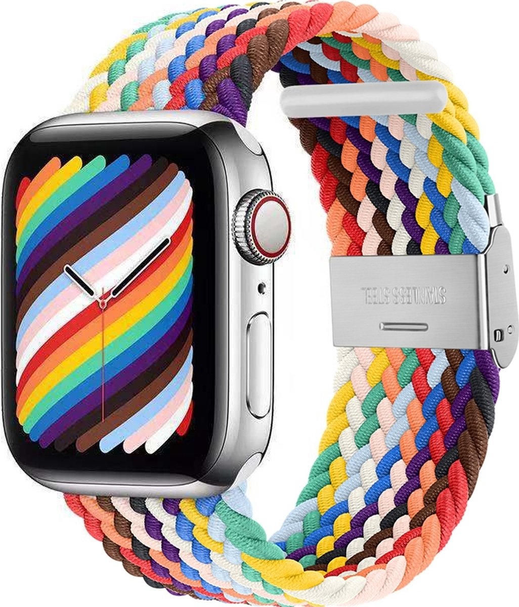 Mobigear Nylon Watch bandje geschikt voor Apple Watch Bandje Klemsluiting | Mobigear Braided - 49/46/45/44 mm - Rainbow