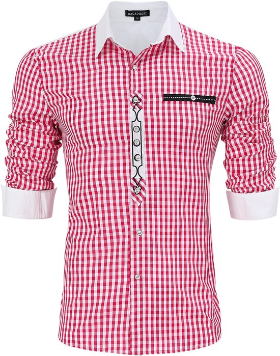 Traditioneel overhemd slim fit heren geruit overhemd casual overhemd overhemd met lange mouwen geborduurd katoen - voor Oktoberfest, carnaval, zaken, vrije tijd Rood L