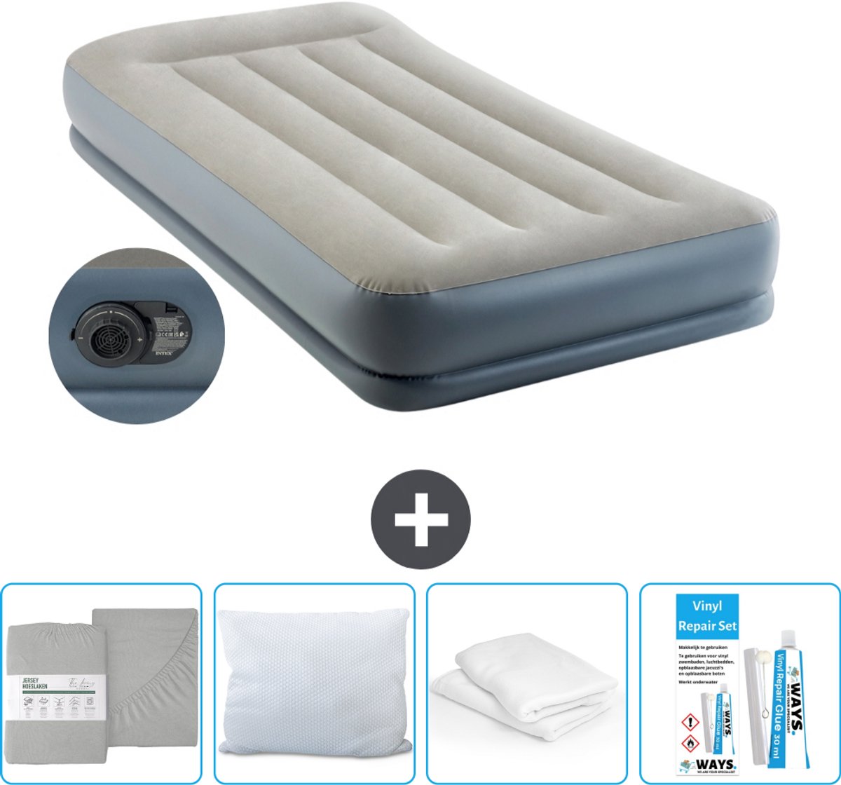 Intex Luchtbed - 1-Persoons - 99 x 191x 30 cm - Grijs - Inclusief pomp - Hoeslaken - Kussen - Reparatieset en Kussenbeschermer