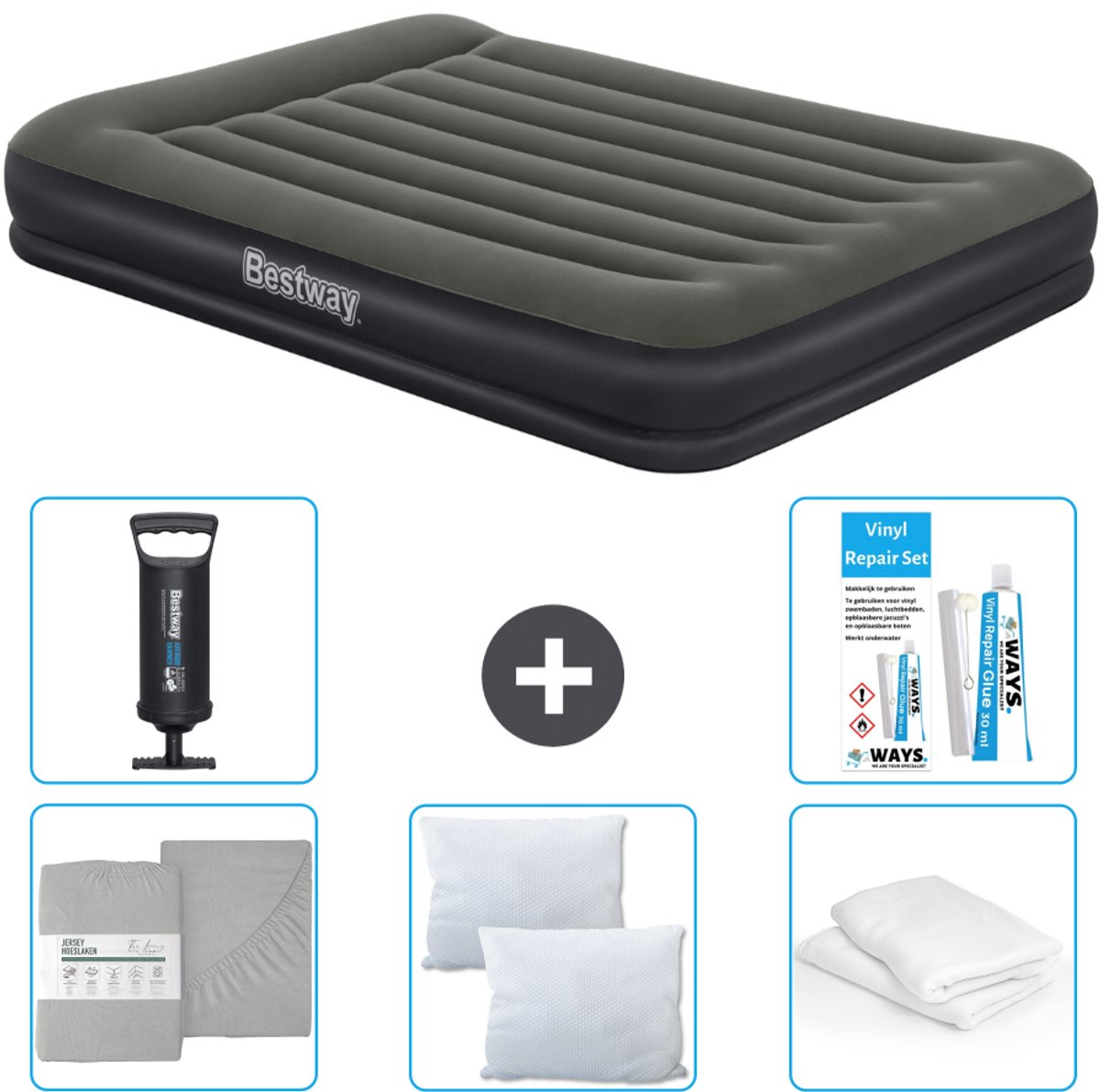 Bestway luchtbed - 2-Persoons - 152 x 203 x 36 cm - Groen - Inclusief Hoeslaken - Kussen - Kussenbeschermer - Pomp en Reparatieset