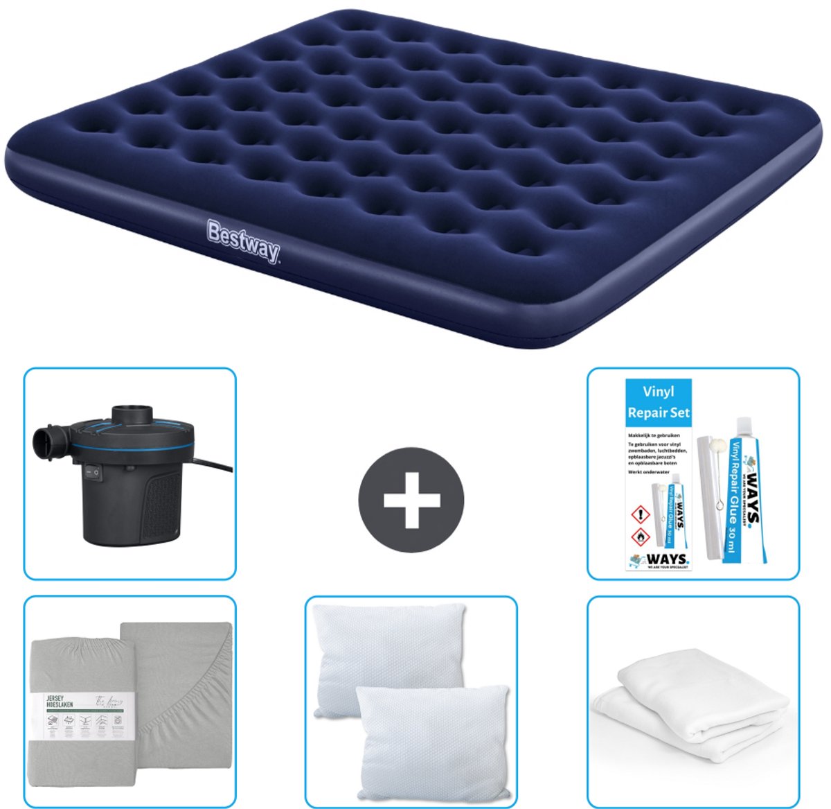Bestway luchtbed - 2-Persoons - 183 x 203 x 22 cm - Blauw - Inclusief Hoeslaken - Kussen - Kussenbeschermer - Pomp en Reparatieset