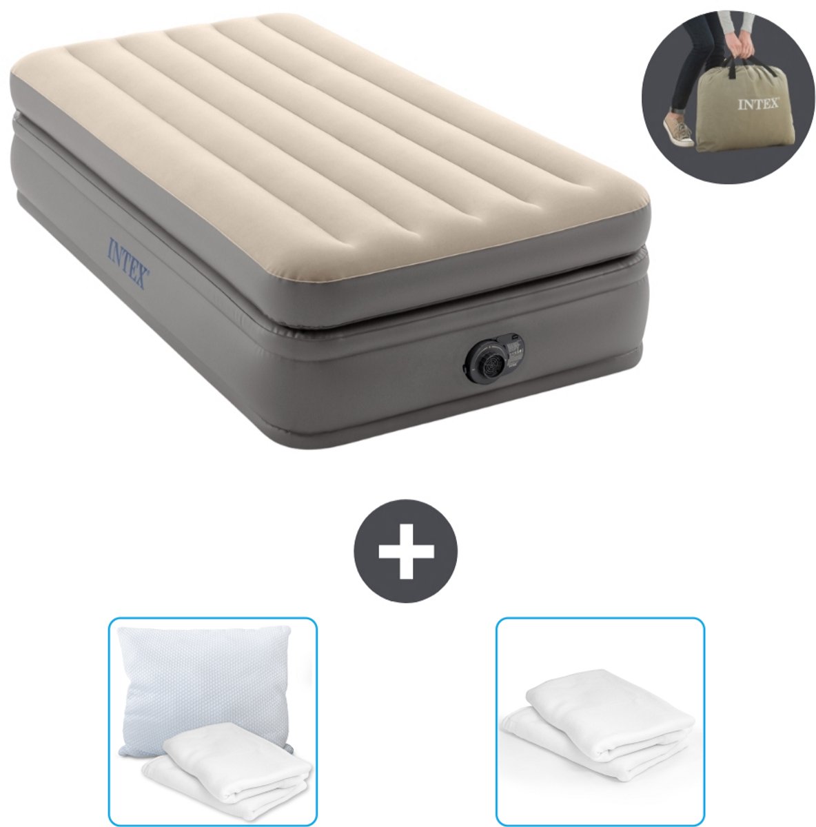 Intex Luchtbed - 1-Persoons - 99 x 191 x 51 cm - Grijs - Inclusief pomp - Kussen en Kussenbeschermer