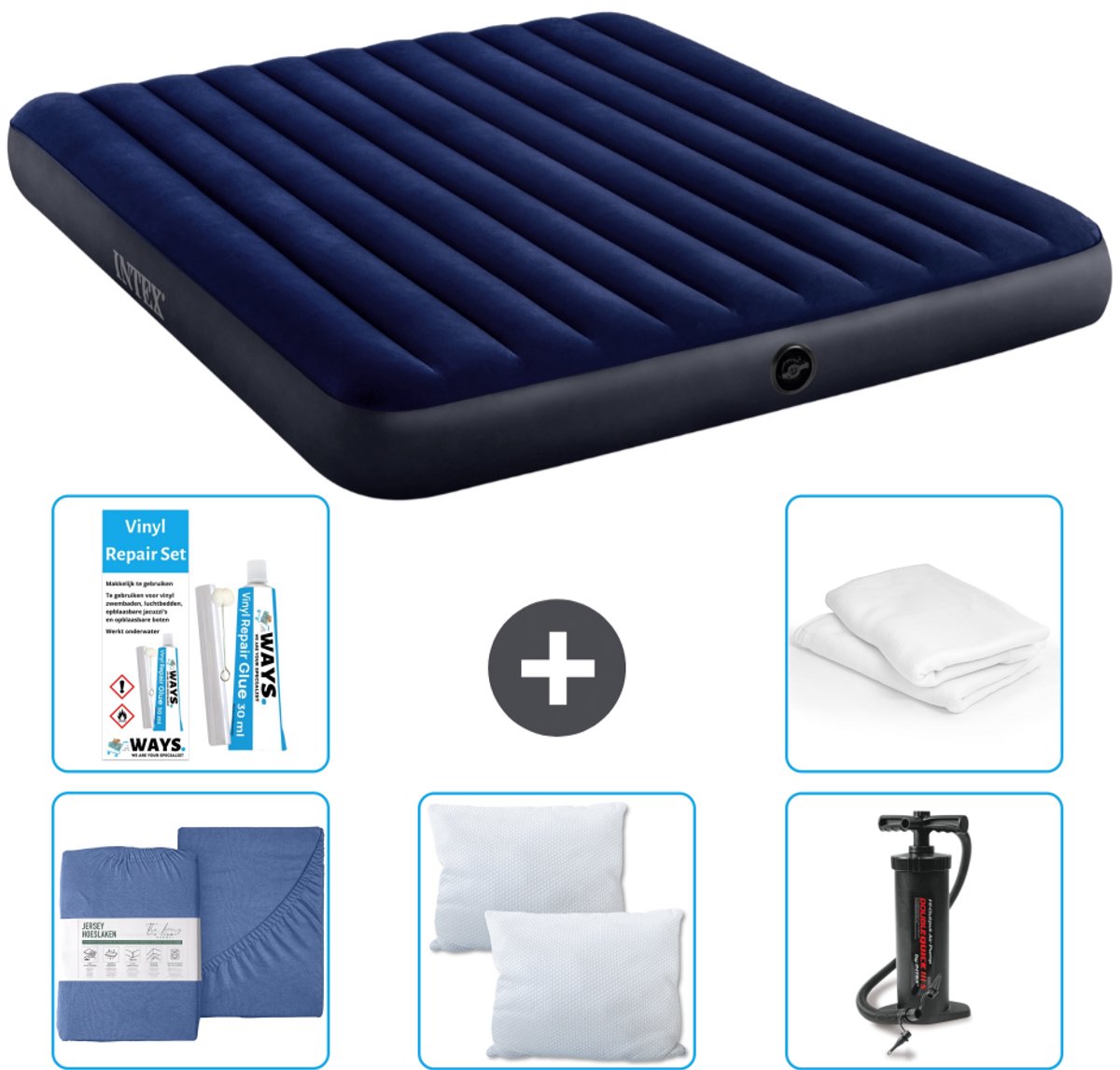 Intex Luchtbed - 2-Persoons - 183 x 203 x 25 cm - Blauw - Inclusief Hoeslaken - Kussen - Pomp - Reparatieset en Kussenbeschermer