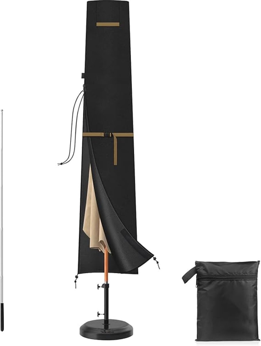 Famanu Terrasparapluhoezen, tuinparasolhoezen waterdicht met ritssluiting en uitschuifbare stang, zwaar belastbare Oxford-stof outdoor parasolhoes voor tuinparasol van Ø 2 tot 3 m, 200 x 30 / 40 cm Zwart