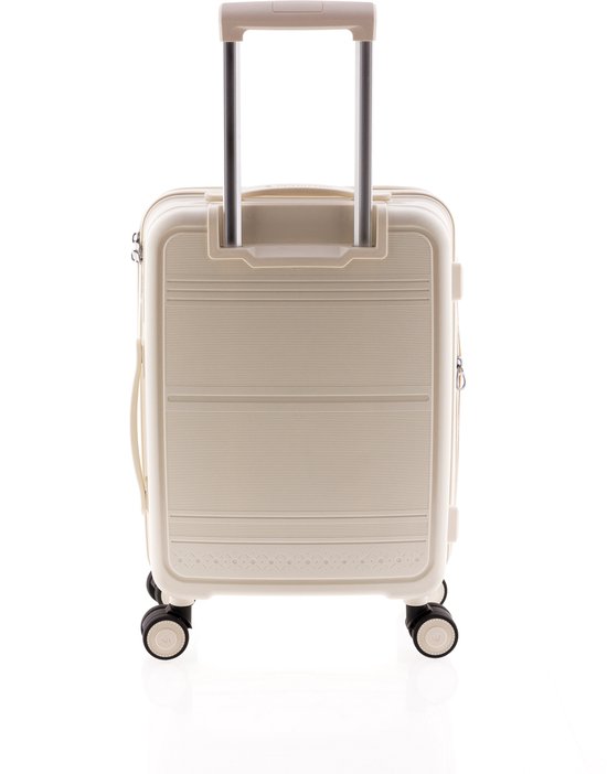 Witte koffer met horizontale ribbels en een decoratieve rand aan de onderkant.