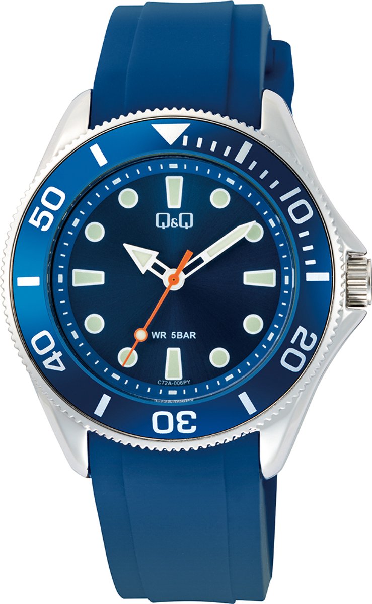 QQ C72A-006VY - Horloge - Polshorloge - Analoog - Heren - Mannen - Siliconen band - Rond - Metaal - Stippen - Strepen - DonkerBlauw - Zilverkleurig - LichtGroen