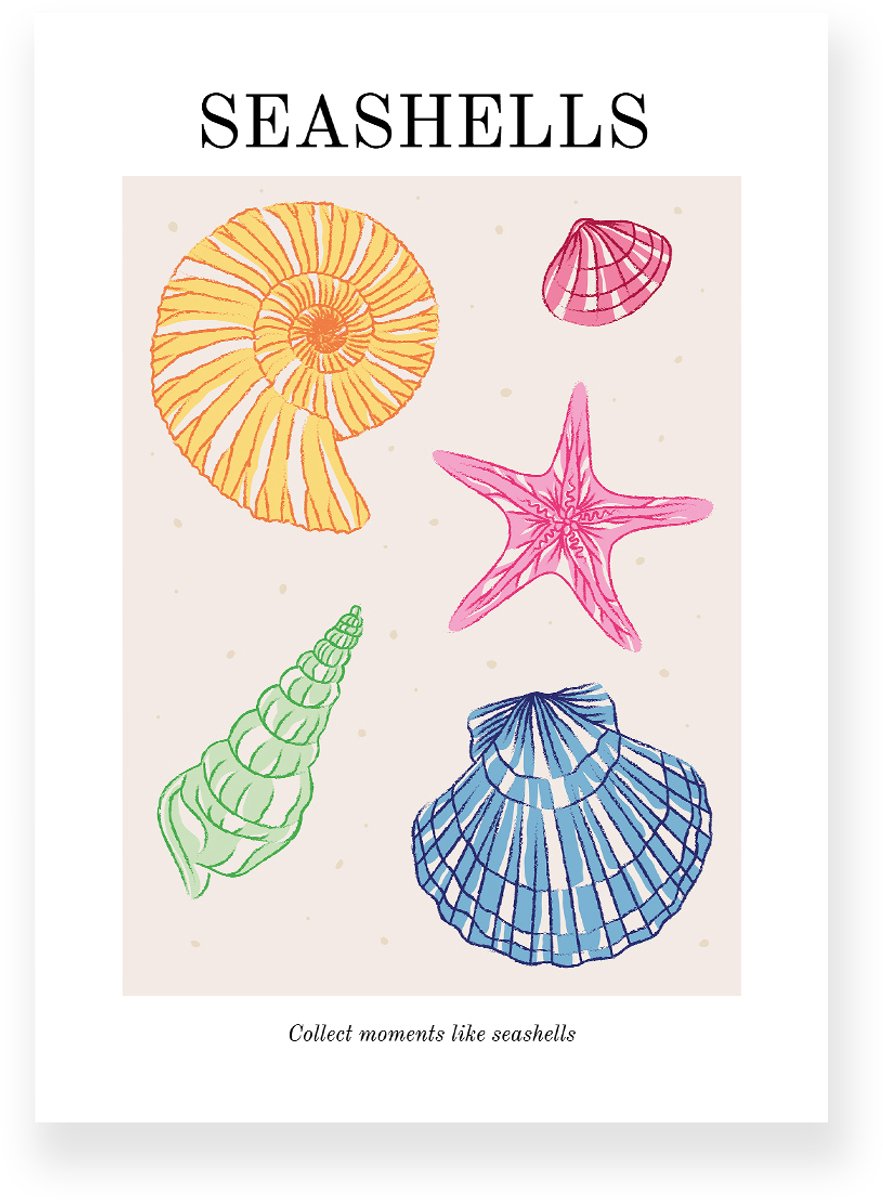 Yisual Aluminium plaat 20x30 cm - Poster - Seashells - Strand - Roze - Blauw - Minimalistisch - Boho - Muurdecoratie - Wanddecoratie