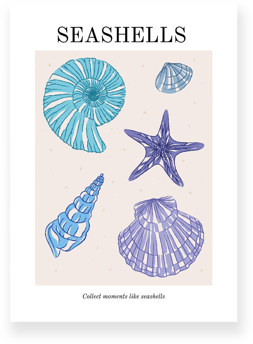 Yisual Aluminium plaat 20x30 cm - Poster - Seashells - Strand - Blauw - Paars - Minimalistisch - Boho - Muurdecoratie - Wanddecoratie