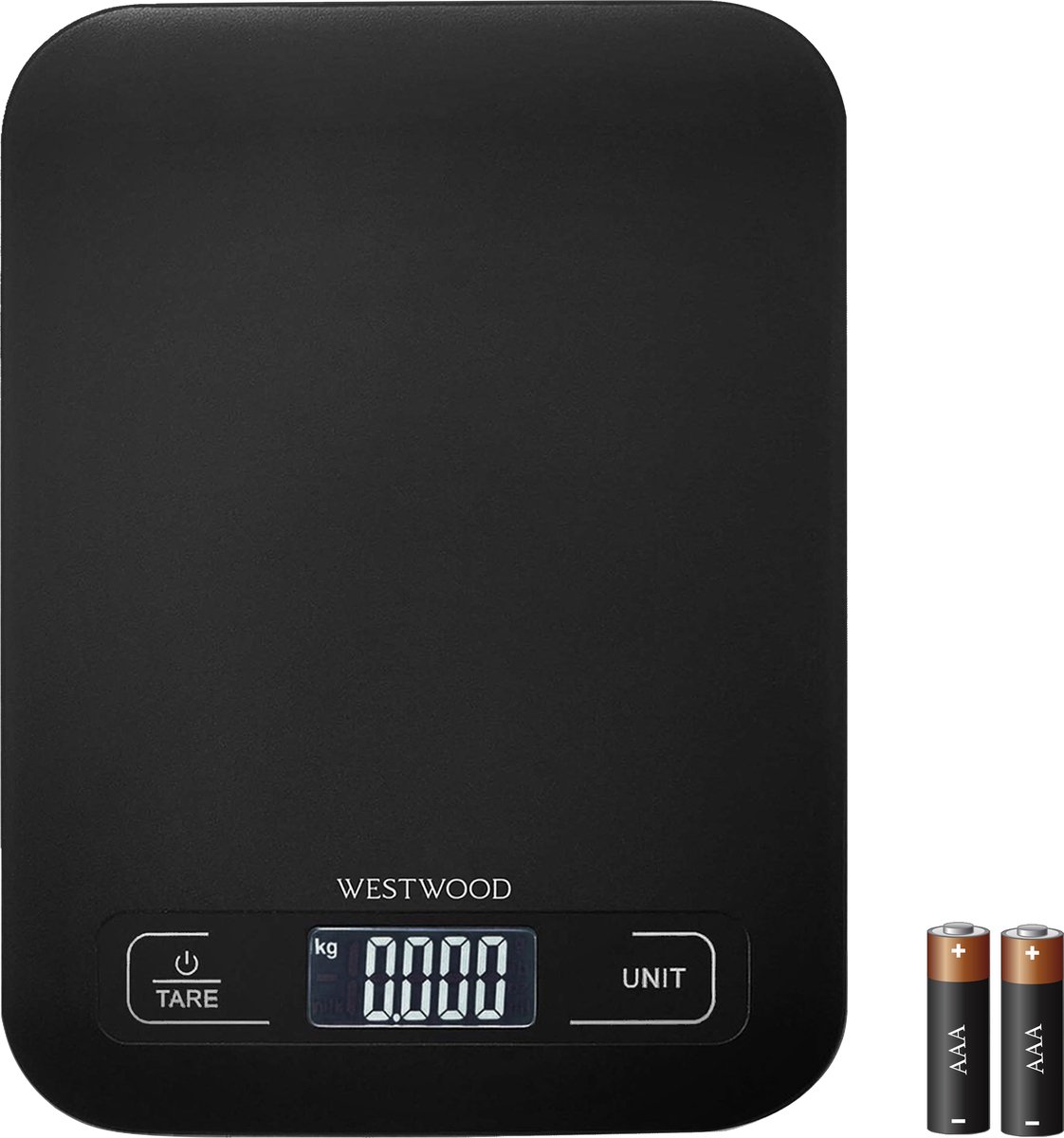 Westwood Keukenweegschaal Digitaal - Precisie Weegschaal - Keuken Weegschaal - Tarra Functie - LCD-Scherm - Antislip - 1 gr tot 5 kg – Inclusief Batterijen – Zwart