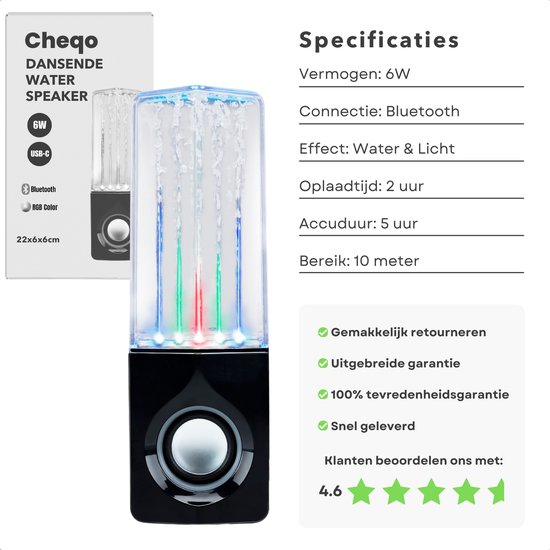 Cheqo® Dansende Water Bluetooth Speaker Draadloos - 6W Geluid - LED Lichtshow - Draadloos en Waterdicht — afbeelding 4