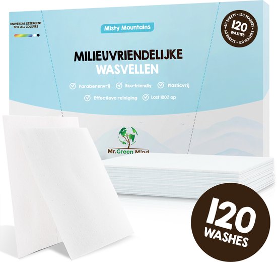 Mr. Green Mind Wasstrips 120 Wasbeurten fris Misty Mountains Wasmiddel Wasstrips Wasmiddeldoekjes incl. wasverzachter