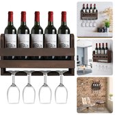 Wijnrek Voor Aan De Muur Met 3 Stoomglazenhouders Multifunctioneel Wijndisplay Voor Thuisbar En Keuken Met Gedeeltelijk Houten Plank En Zwarte Metalen Flessenhouder