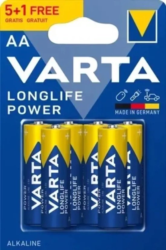 Varta Longlife Power AA alkaline batterijen in een 5+1 gratis verpakking. De batterijen zijn geel met blauwe en rode Varta-logo's.