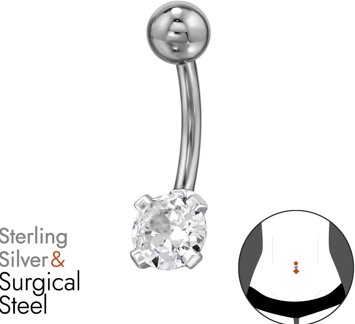 Joy|S - Navel piercing - ronde zirkonia - Sterling zilver 925 - staaf 316L Chirurgisch staal