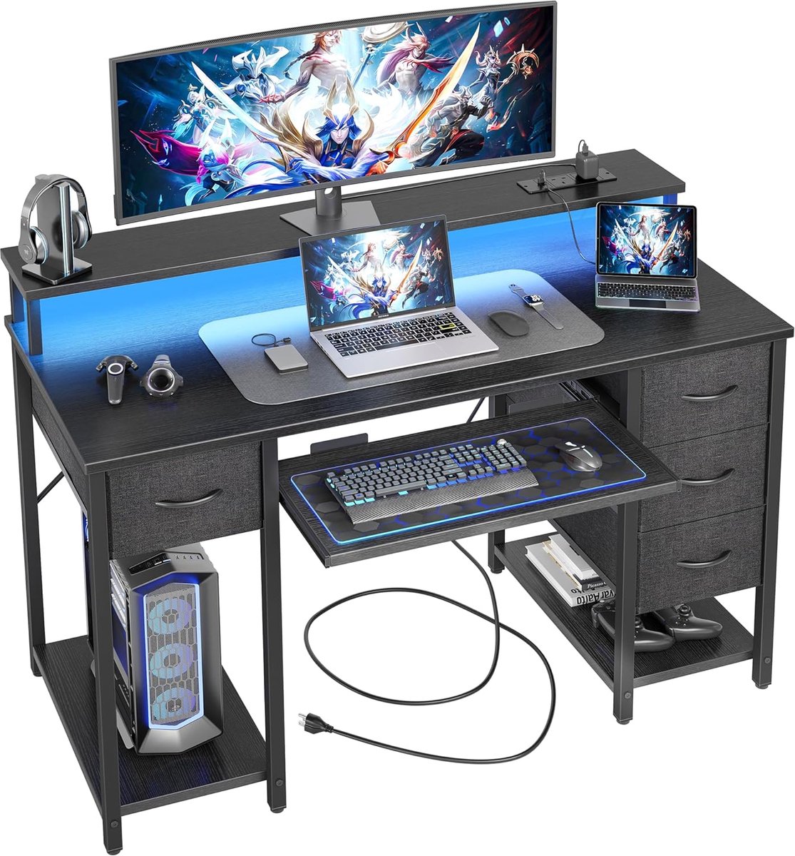 Moderne Gaming Bureau met LED Stopcontacten en Opbergruimte - 120x50cm